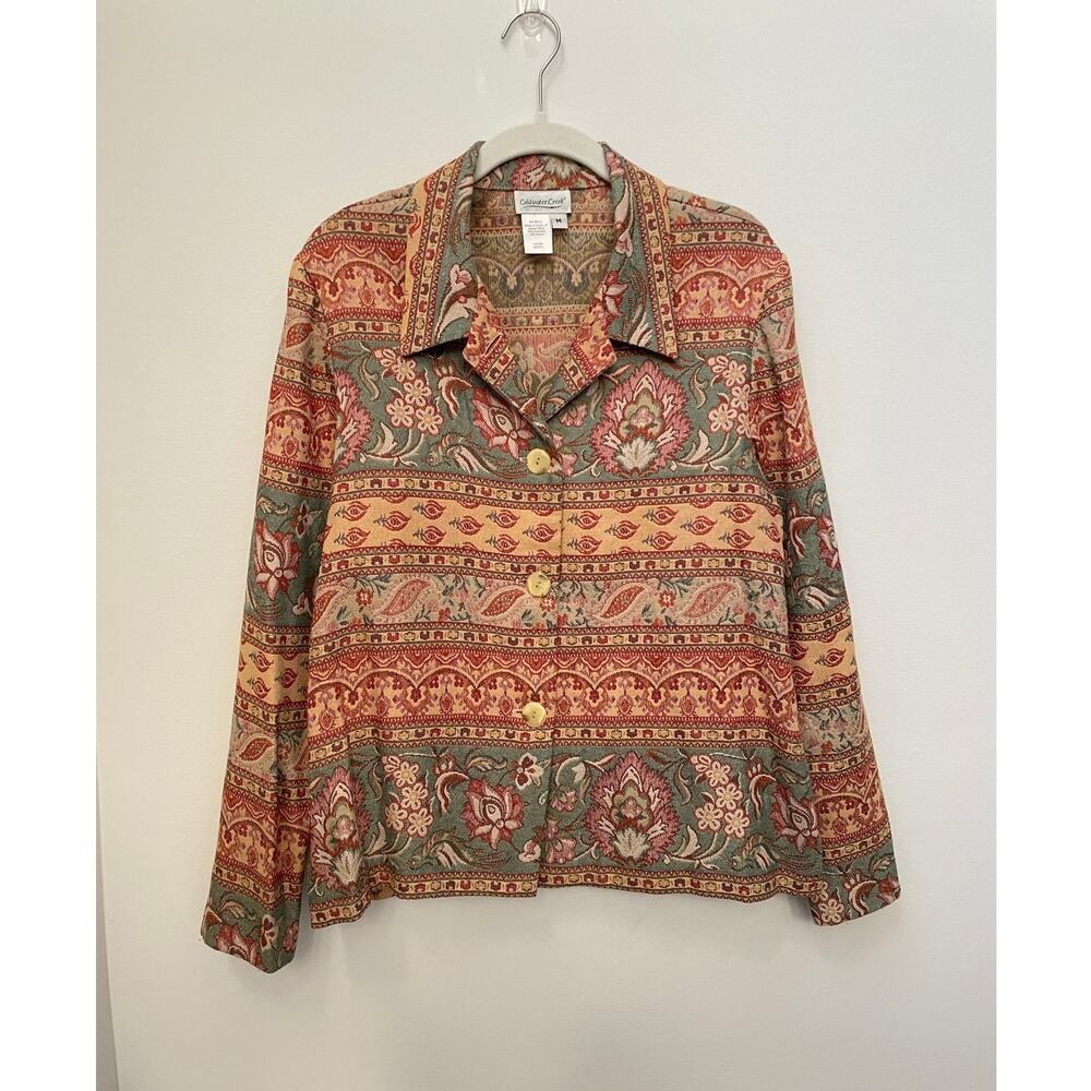 Coldwater Creek Tapestry Jacket Womens M Red Green Boho Floral Paisley Button Up
